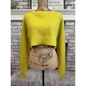 RE/DONE Cropped Sweater Womens M Lime Green Wool Ribbed Knit Boat Neck Designer